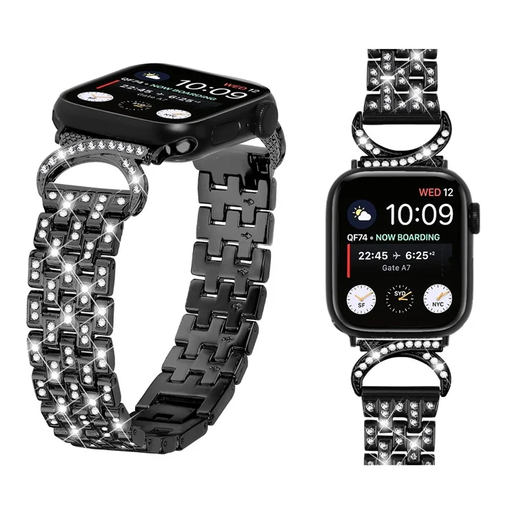 Rhinestone Decor Watch Band für Apple Watch Series 6 5 4 SE (2022) SE 40mm, 5-Bead Edelstahlarmband + Klare PC-Uhrenbox - Schwarz