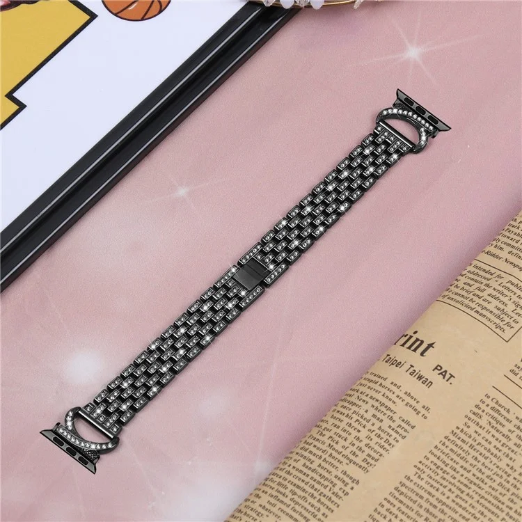Rhinestone Decor Watch Band für Apple Watch Series 6 5 4 SE (2022) SE 40mm, 5-Bead Edelstahlarmband + Klare PC-Uhrenbox - Schwarz