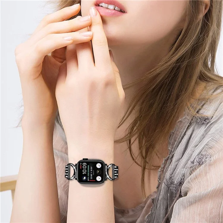 Rhinestone Decor Watch Band für Apple Watch Series 6 5 4 SE (2022) SE 40mm, 5-Bead Edelstahlarmband + Klare PC-Uhrenbox - Schwarz