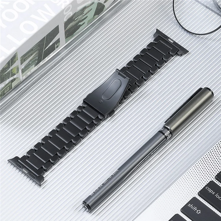 For Apple Watch Series 10 46mm / Ultra 2 Ultra 49mm /  Series 9 8 7 45mm / 6 5 4 SE (2023) SE (2022) SE 44mm / 3 2 1 42mm Titanium Steel Watch Band 5 Beads Replace Strap - Black