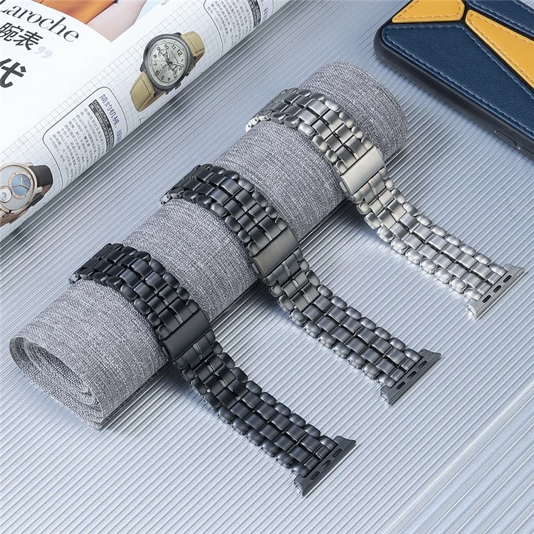 For Apple Watch Series 10 46mm / Ultra 2 Ultra 49mm /  Series 9 8 7 45mm / 6 5 4 SE (2023) SE (2022) SE 44mm / 3 2 1 42mm Titanium Steel Watch Band 5 Beads Replace Strap - Black