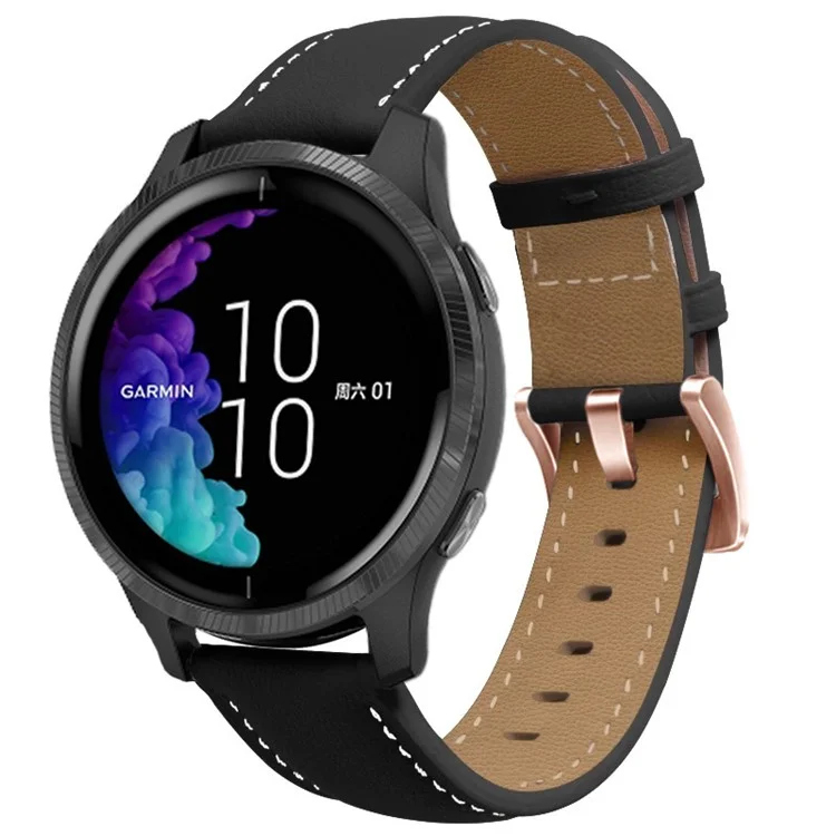 Watch Band for Garmin Venu / Sq / Sq 2 / 2 Plus , 20mm Genuine Cow Leather Strap with Rose Gold Buckle - Black