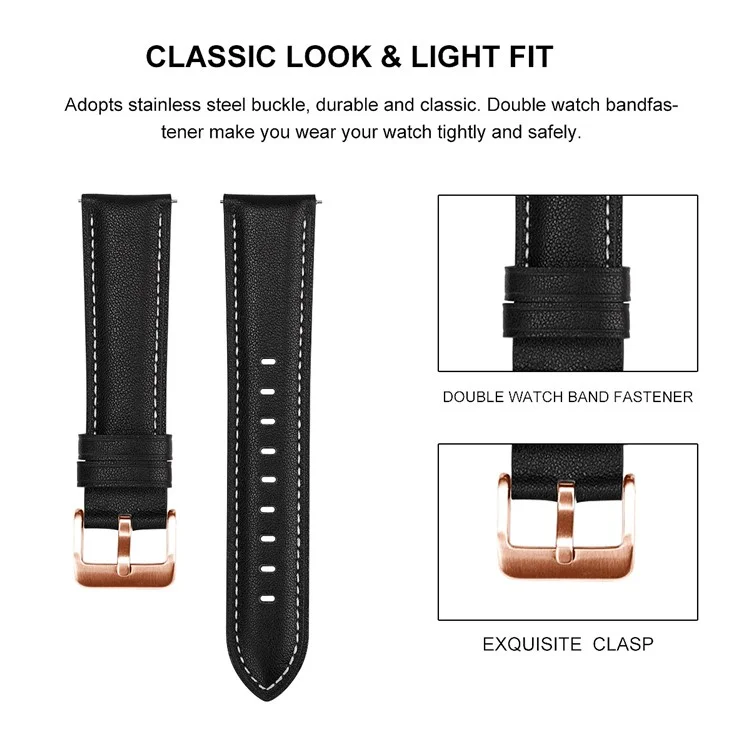 Watch Band for Garmin Venu / Sq / Sq 2 / 2 Plus , 20mm Genuine Cow Leather Strap with Rose Gold Buckle - Black