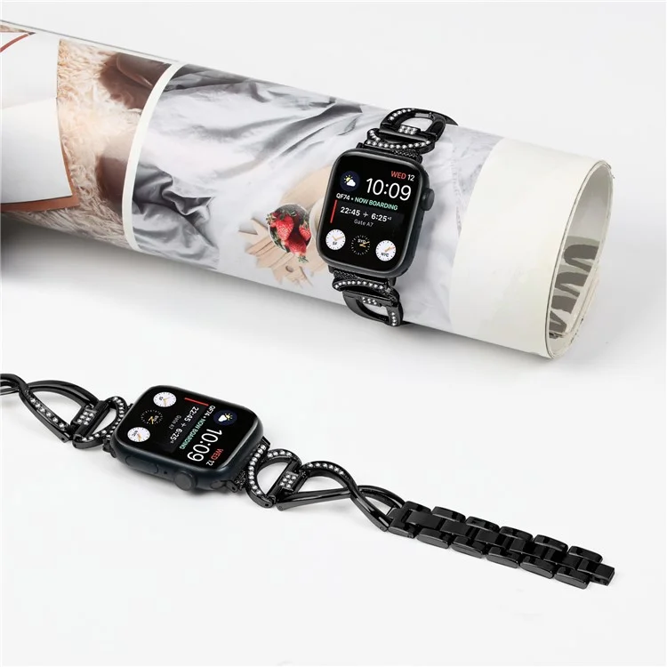For Apple Watch Series 7 / 8 41mm Alloy Strap Rhinestones Decor X-shape Wrist Band + Clear PC Watch Frame - Black