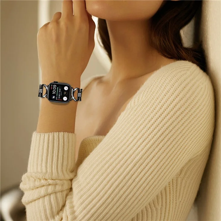 For Apple Watch Series 7 / 8 41mm Alloy Strap Rhinestones Decor X-shape Wrist Band + Clear PC Watch Frame - Black