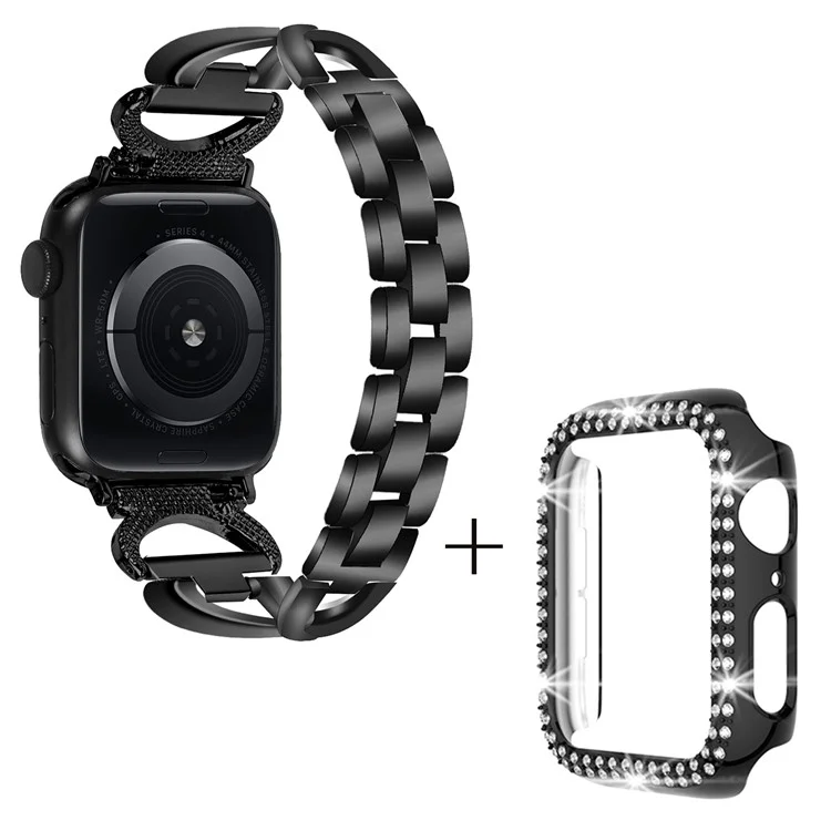 Pour Apple Watch Series 7 / 8 45mm X-shape Rhinestones Alloy Watch Strap + PC Protective Watch Case - Noir