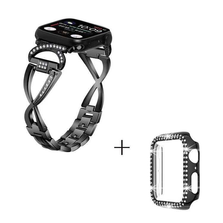 Pour Apple Watch Series 7 / 8 45mm X-shape Rhinestones Alloy Watch Strap + PC Protective Watch Case - Noir