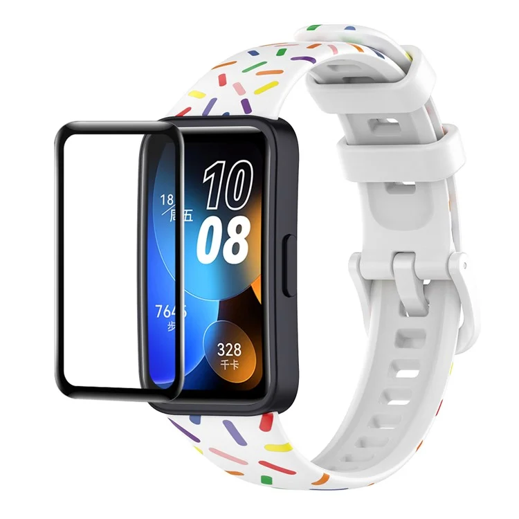 ENKAY HAT PRINCE Per Huawei Band 8 / Band 8 NFC / Band 9 / Band 9 NFC Cinturino in silicone con stampa e pellicola per schermo in PMMA con bordo in PC - Bianco