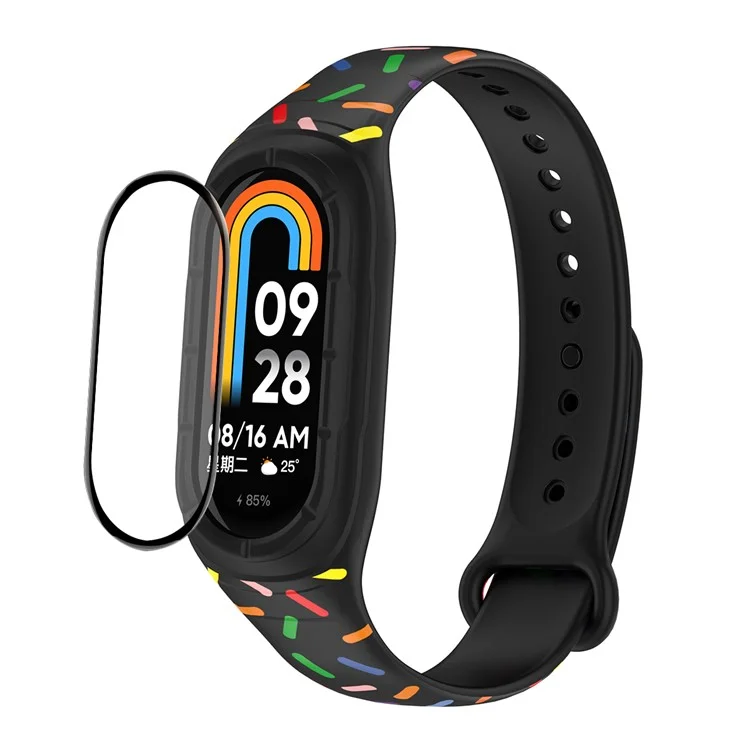 ENKAY HAT PRINCE para Xiaomi Smart Band 8 Pulseira de Relógio Impressa em Silicone com Caixa de Relógio e Película de Proteção de Tela PMMA - Preto