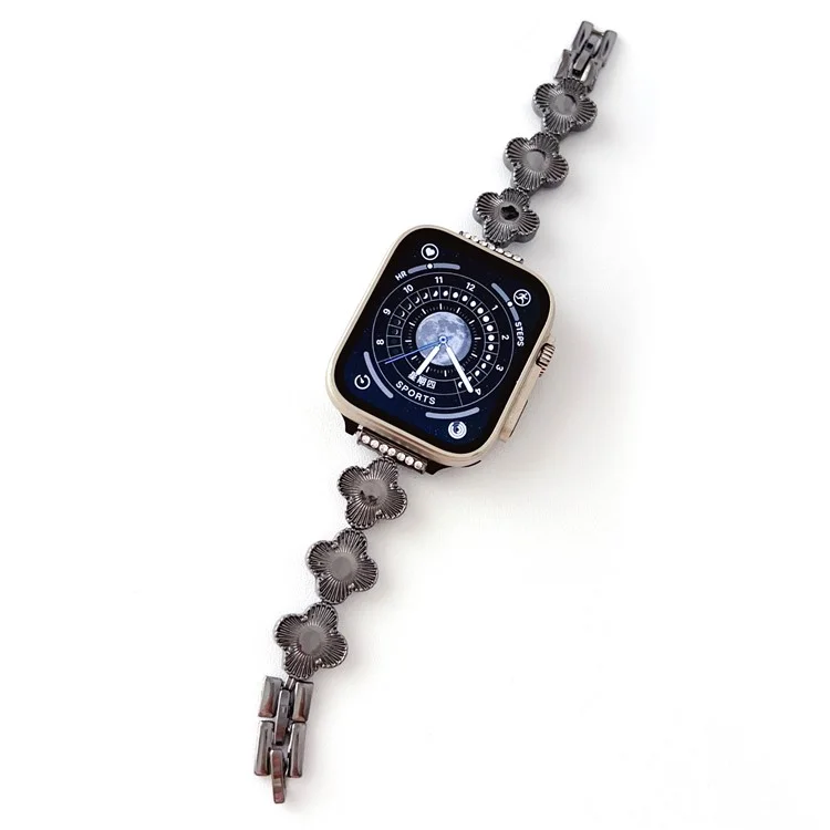 Correa de reloj para Apple Watch Series 10 de 42 mm / 9 8 7 de 41 mm / SE (2023) SE (2022) SE 6 5 4 de 40 mm / 3 2 1 de 38 mm Pulsera de reloj con dije de trébol de metal - Negro