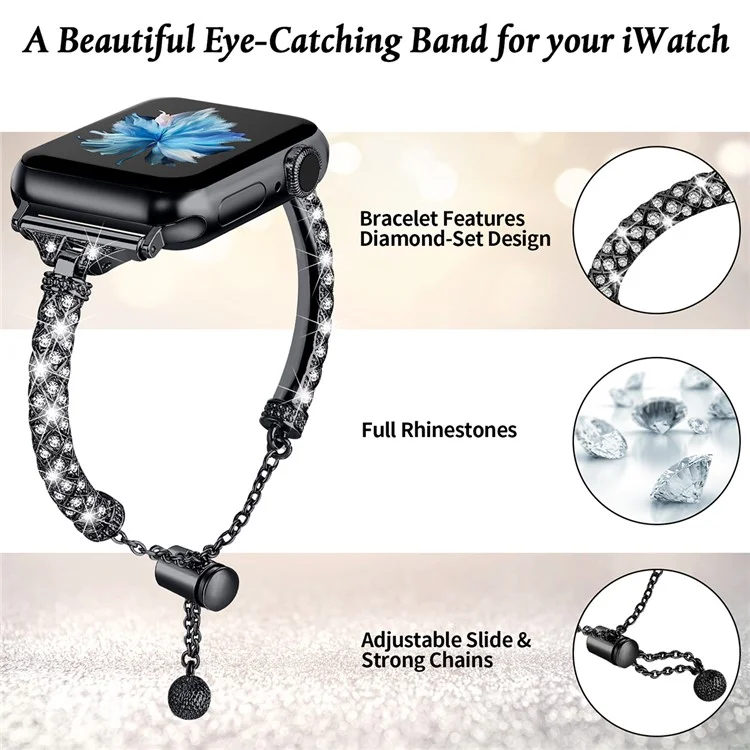 Uhrenarmband für Apple Watch Series 10 42mm / 9 8 7 41mm / SE (2023) SE (2022) SE 6 5 4 40mm / 3 2 1 38mm Rhinestone-Dekoration Kupferarmband - Schwarz