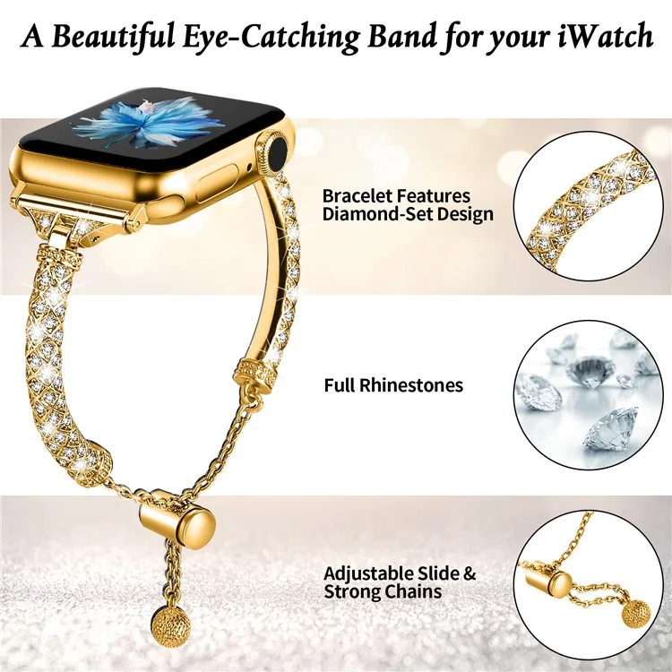 Dressy Bracelet for Apple Watch Series 10 46mm / Ultra 2 Ultra 49mm /  Series 9 8 7 45mm / 6 5 4 SE (2023) SE (2022) SE 44mm / 3 2 1 42mm , Rhinestone Decor Copper Watch Band - Gold
