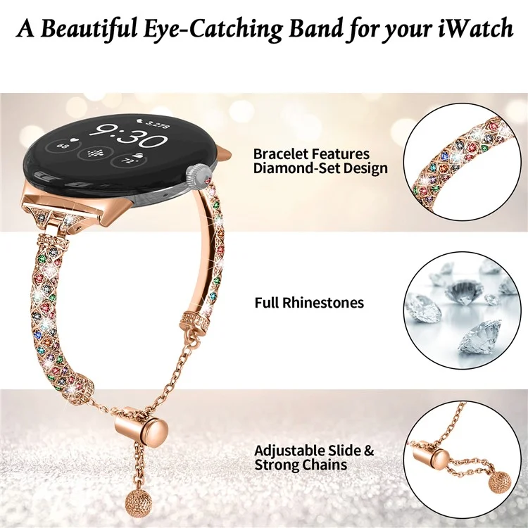 Bracelet de montre en cuivre pour Google Pixel Watch 3 41 mm / Watch 2 / Pixel Watch Bling Rhinestone Decor - Or rose / Strass multicolores