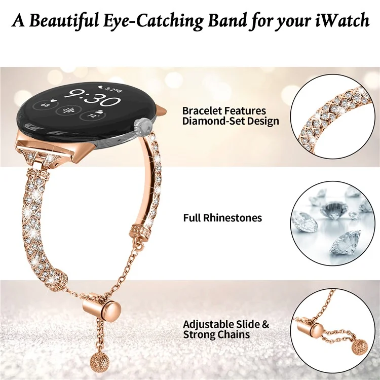 Copper Watch Band for Google Pixel Watch 2 / Pixel Watch , Bling Rhinestone Decor Bracelet Metal Strap - Rose Gold