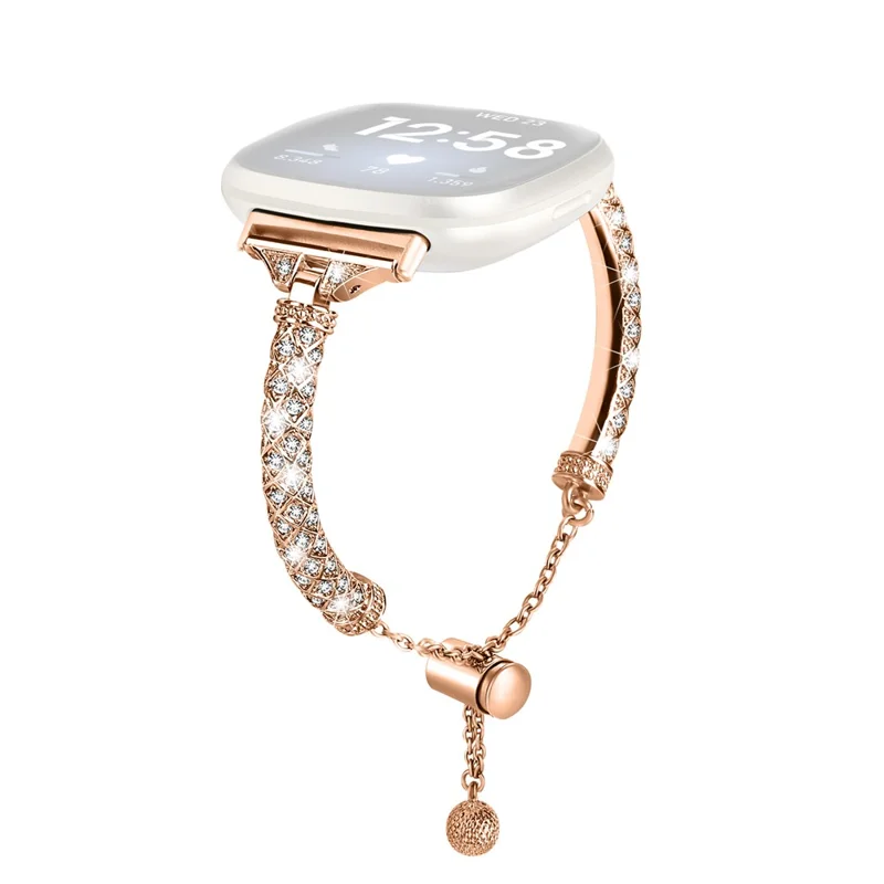 Para Fitbit Versa 3 / Sense Watch Band Bling Rhinestone Decor Copper Bracelet Strap - Rose Gold