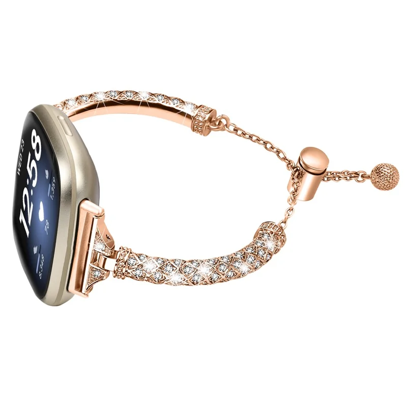 Para Fitbit Versa 3 / Sense Watch Band Bling Rhinestone Decor Copper Bracelet Strap - Rose Gold