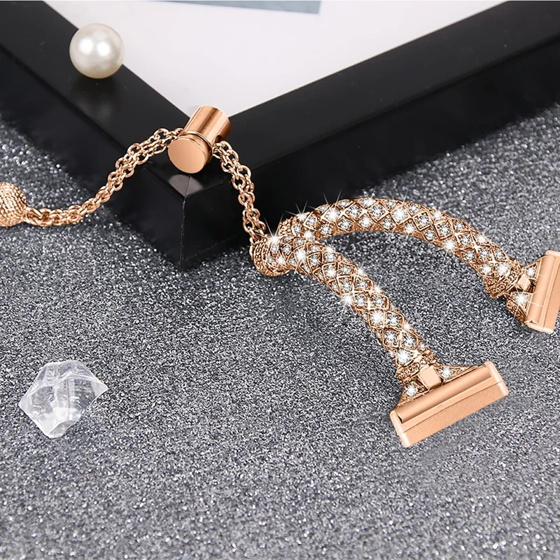 Para Fitbit Versa 3 / Sense Watch Band Bling Rhinestone Decor Copper Bracelet Strap - Rose Gold