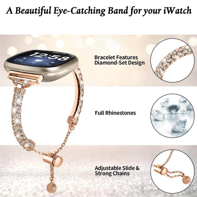 Para Fitbit Versa 3 / Sense Watch Band Bling Rhinestone Decor Copper Bracelet Strap - Rose Gold