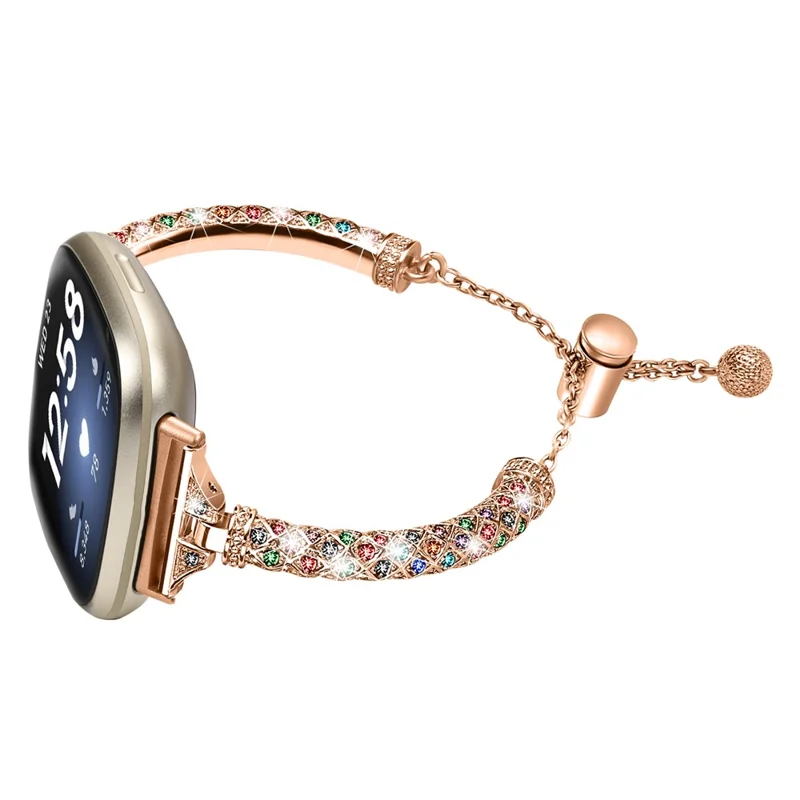 For Fitbit Versa 4 / Sense 2 Bracelets Band Rhinestone Decor Bling Chain Copper Watch Strap - Rose Gold / Colorful Rhinestone
