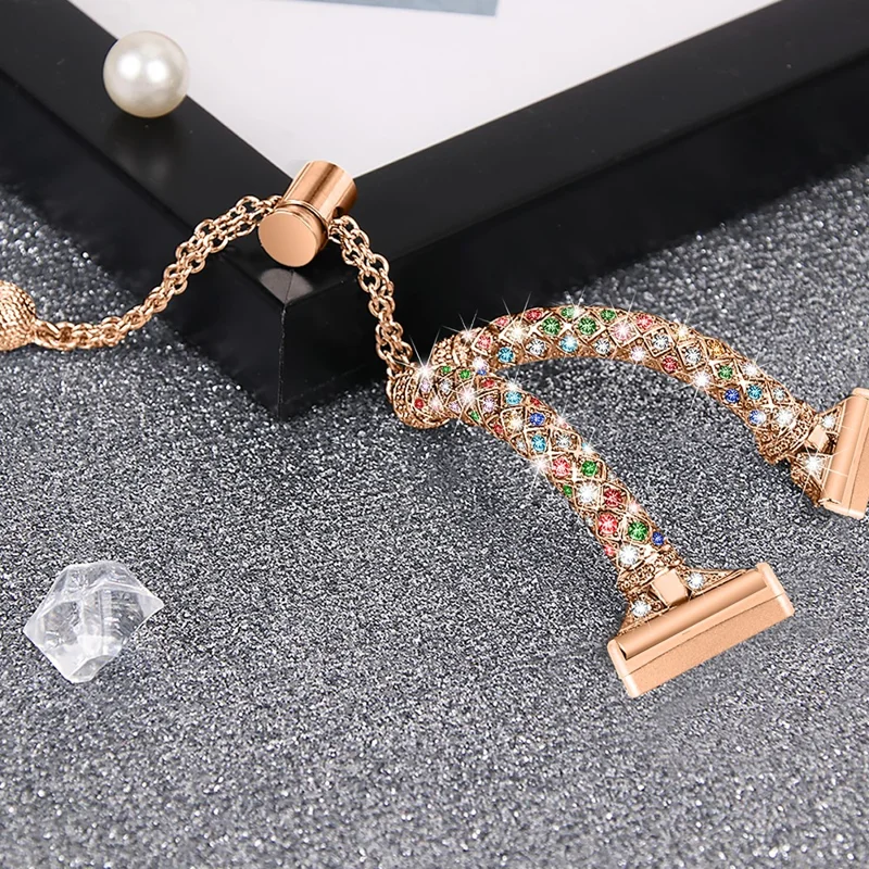 For Fitbit Versa 4 / Sense 2 Bracelets Band Rhinestone Decor Bling Chain Copper Watch Strap - Rose Gold / Colorful Rhinestone