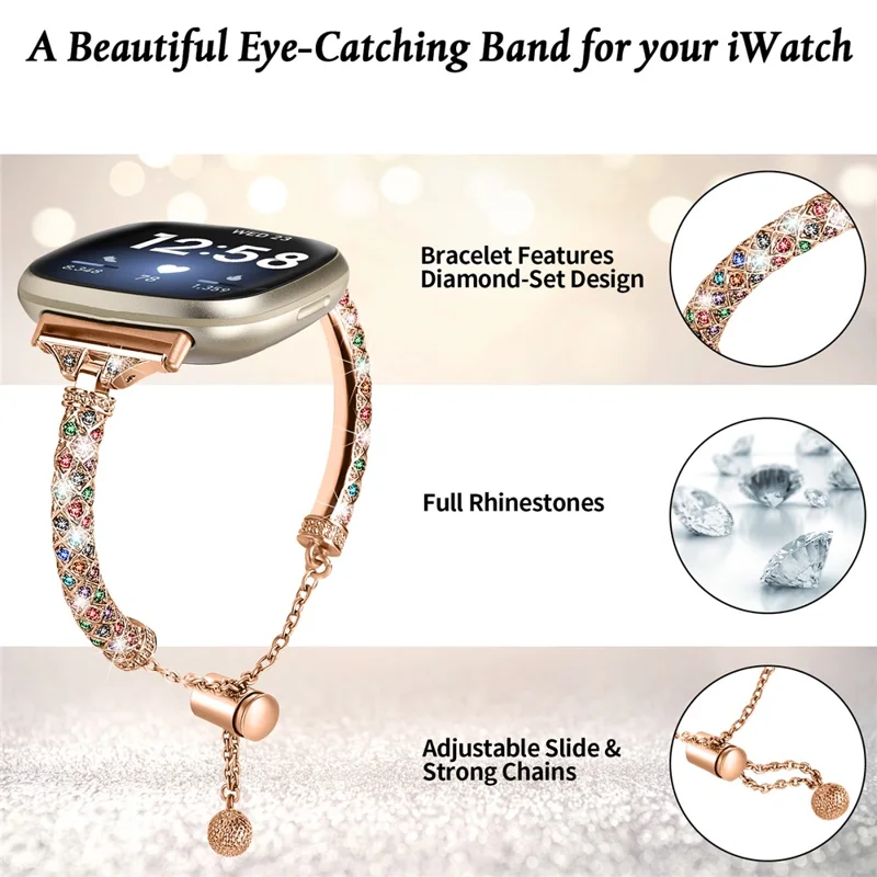 For Fitbit Versa 4 / Sense 2 Bracelets Band Rhinestone Decor Bling Chain Copper Watch Strap - Rose Gold / Colorful Rhinestone