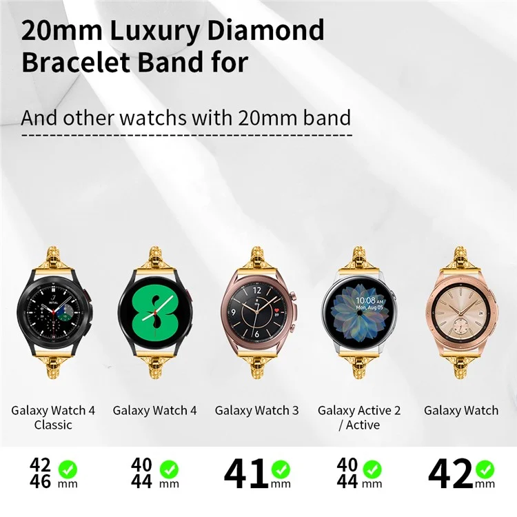 Für Samsung Galaxy Watch Active / Watch Active2 44mm / Active2 40mm Rhinestone Jewelry Watch Strap 20mm Sliding Metal Wrist Band - Gold