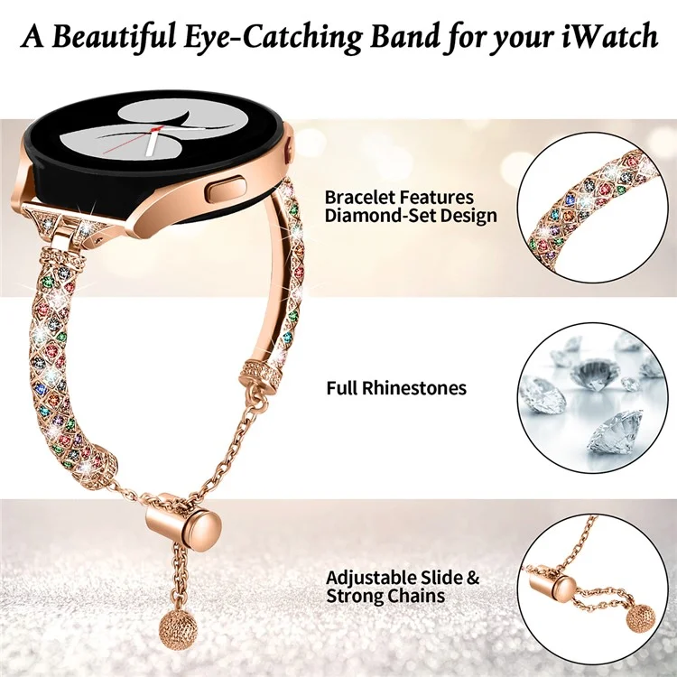 For Samsung Galaxy Watch Active / Watch Active2 44mm / Active2 40mm Rhinestone Jewelry Watch Strap 20mm Sliding Metal Wrist Band - Rose Gold / Colorful