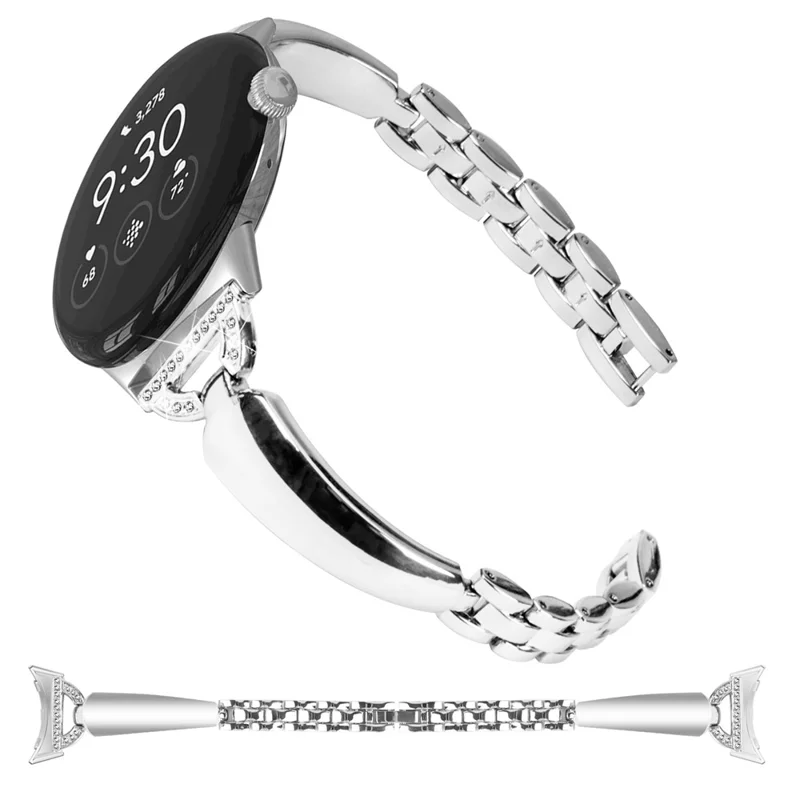 For Google Pixel Watch 3 41mm / Watch 2 / Pixel Watch Bling Band D-Shaped Rhinestone Decor Copper Metal Bracelet Watch Strap - Silver