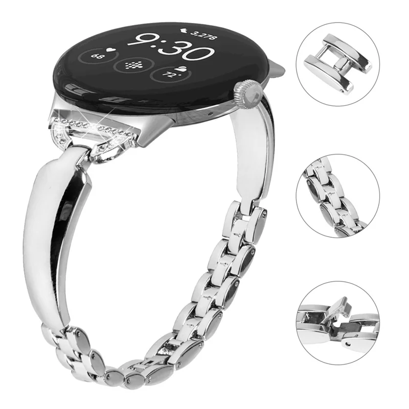 For Google Pixel Watch 3 41mm / Watch 2 / Pixel Watch Bling Band D-Shaped Rhinestone Decor Copper Metal Bracelet Watch Strap - Silver