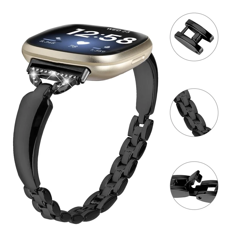 Per Fitbit Versa 4 / Sense 2 Watch Band D-shaped Rhinestone Decor Dressy Copper Bracelet Strap - Black