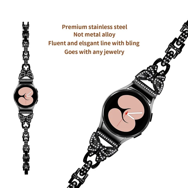 Bracelet en acier inoxydable pour Samsung Galaxy Watch4 40mm 44mm / Watch5 40mm 44mm / Watch4 Classic 42mm 46mm, décor de strass 20mm Bracelet de montre avec connecteur - Noir