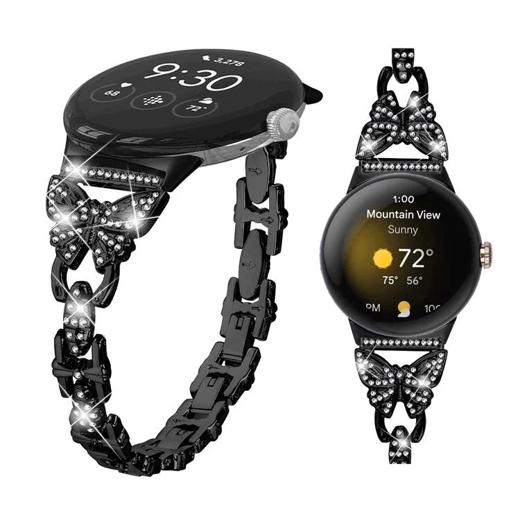 Металлический ремешок Bling Watch для Google Pixel Watch 3 41мм / Watch 2 / Pixel Watch Stainless Steel Butterfly Rhinestone Decor Smartwatch Strap - Черный