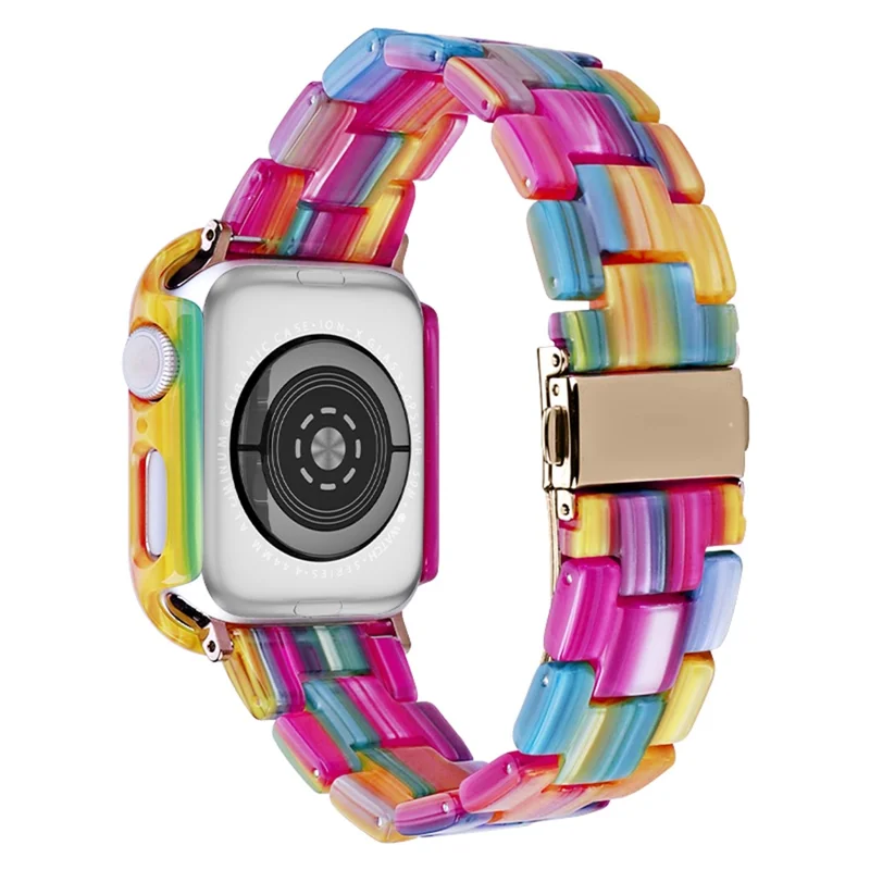 For Apple Watch Series 4 / 5 / 6 / SE / SE (2022) 44mm Replacement Resin Watch Strap Set with Watch Case Cover - Rainbow
