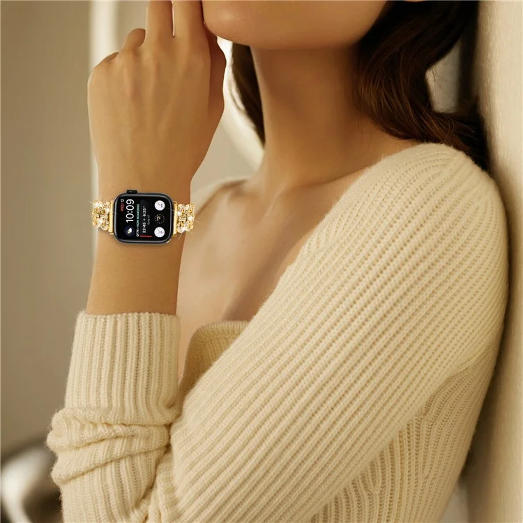 Watch Band for Apple Watch Series 10 46mm / Ultra 2 Ultra 49mm /  Series 9 8 7 45mm / 6 5 4 SE (2023) SE (2022) SE 44mm / 3 2 1 42mm Rhinestone Decor Zinc Alloy Strap - Gold
