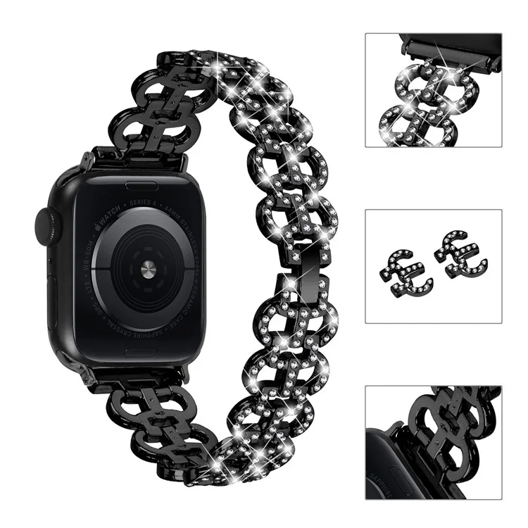 Браслет для часов Apple Watch Series 10 42 мм / 9 8 7 41 мм / SE (2023) SE (2022) SE 6 5 4 40 мм / 3 2 1 38 мм из цинкового сплава с блестками и хрусталем - черный