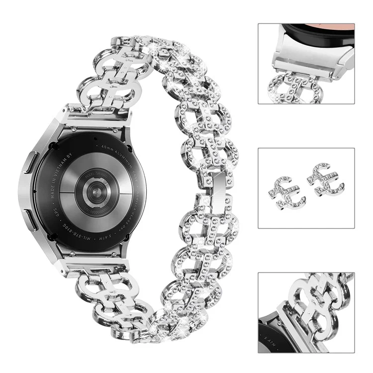 Für Samsung Galaxy Watch4 40 / 44mm / Watch4 Classic 42 / 46mm / Watch 5 40 / 44mm Metallarmband mit Strass-Armband mit Anschluss - Silber