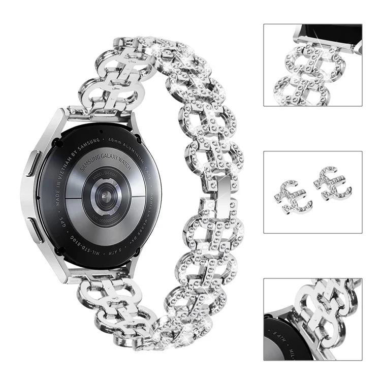 For Samsung Galaxy Watch6 40 / 44mm / Watch6 Classic 43mm / 47mm Metal Watch Strap 20mm Light Luxury Watchband with Rhinestone - Silver