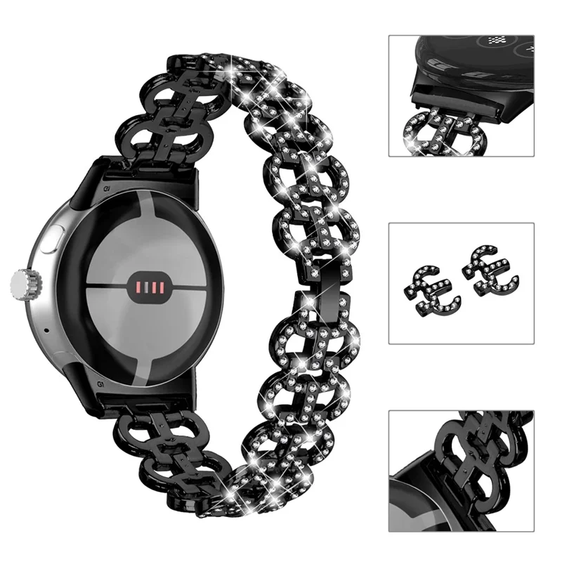 Pour Google Pixel Watch 3 41 mm / Watch 2 / Bracelet de montre Pixel en forme de gourde avec strass, bande de rechange en alliage de zinc - Noir