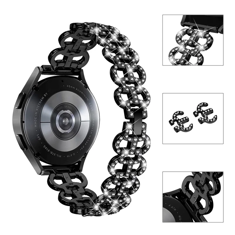 For Samsung Galaxy Watch Active / Active2 44 / 40mm Metal Watch Band 20mm Light Luxury Rhinestone Watch Strap - Black