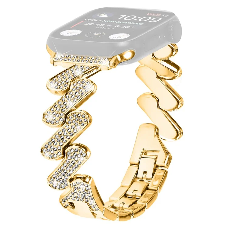 For Apple Watch Series 10 46mm / Ultra 2 Ultra 49mm /  Series 9 8 7 45mm / 6 5 4 SE (2023) SE (2022) SE 44mm / 3 2 1 42mm Rhinestones Decor Strap Zinc Alloy Wrist Band - Gold