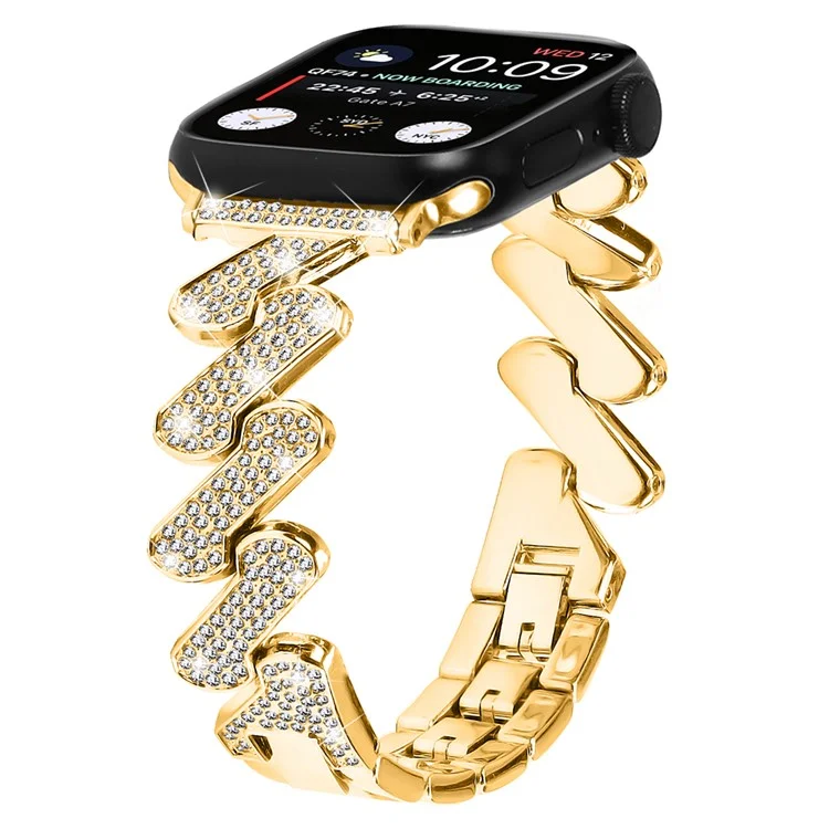 For Apple Watch Series 10 46mm / Ultra 2 Ultra 49mm /  Series 9 8 7 45mm / 6 5 4 SE (2023) SE (2022) SE 44mm / 3 2 1 42mm Rhinestones Decor Strap Zinc Alloy Wrist Band - Gold