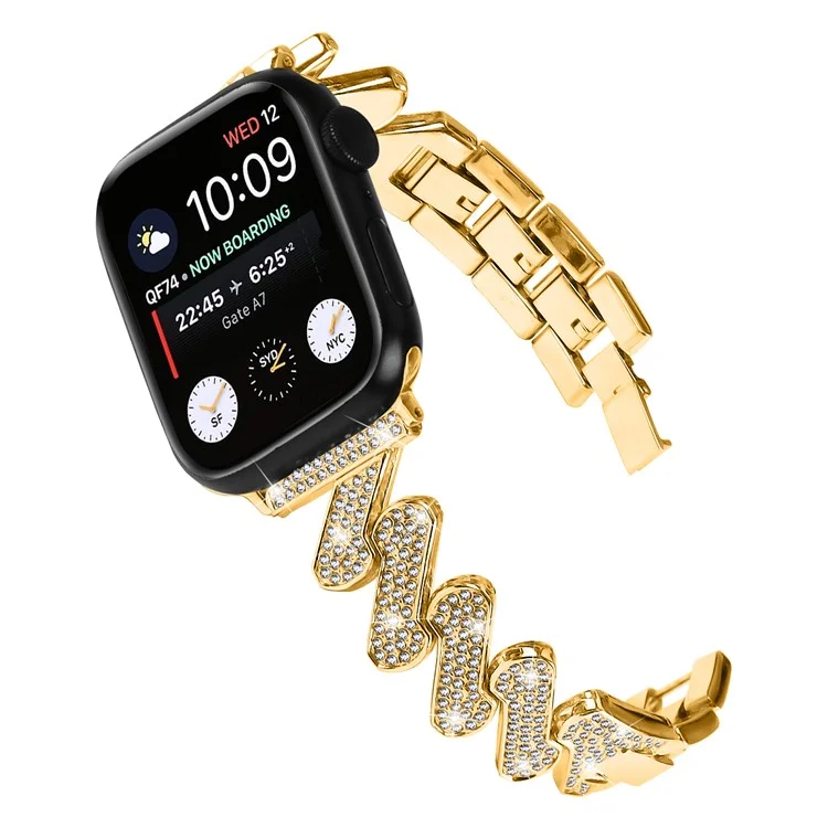 For Apple Watch Series 10 46mm / Ultra 2 Ultra 49mm /  Series 9 8 7 45mm / 6 5 4 SE (2023) SE (2022) SE 44mm / 3 2 1 42mm Rhinestones Decor Strap Zinc Alloy Wrist Band - Gold