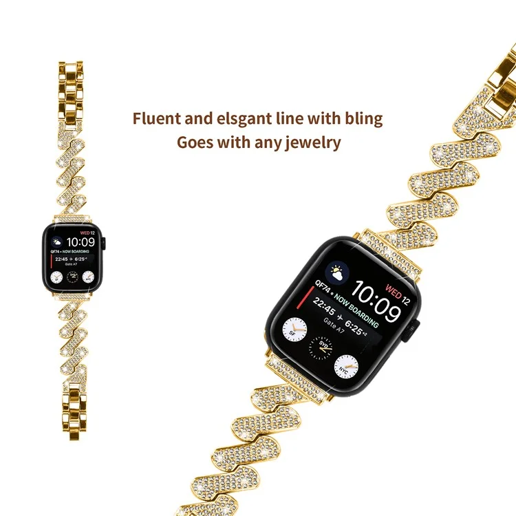 For Apple Watch Series 10 46mm / Ultra 2 Ultra 49mm /  Series 9 8 7 45mm / 6 5 4 SE (2023) SE (2022) SE 44mm / 3 2 1 42mm Rhinestones Decor Strap Zinc Alloy Wrist Band - Gold
