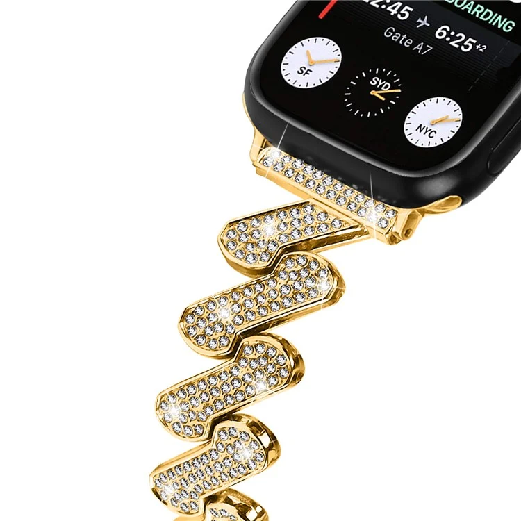 For Apple Watch Series 10 46mm / Ultra 2 Ultra 49mm /  Series 9 8 7 45mm / 6 5 4 SE (2023) SE (2022) SE 44mm / 3 2 1 42mm Rhinestones Decor Strap Zinc Alloy Wrist Band - Gold