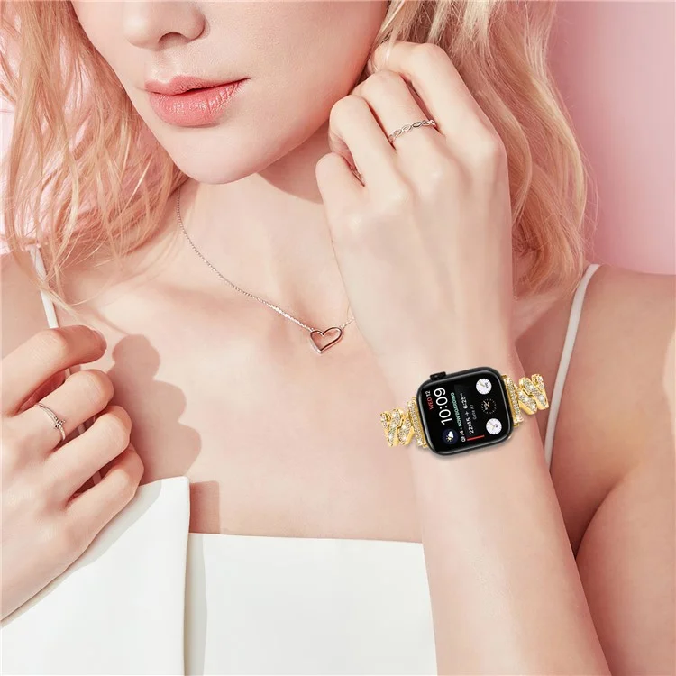 For Apple Watch Series 10 46mm / Ultra 2 Ultra 49mm /  Series 9 8 7 45mm / 6 5 4 SE (2023) SE (2022) SE 44mm / 3 2 1 42mm Rhinestones Decor Strap Zinc Alloy Wrist Band - Gold