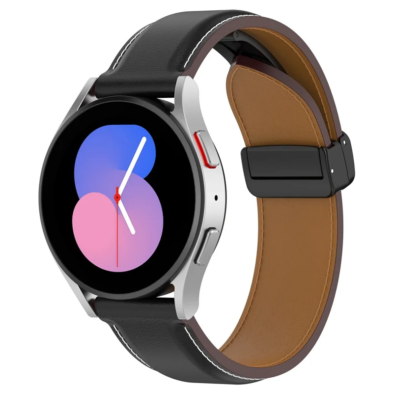 20mm Watch Band for Samsung Galaxy Watch6 40mm 44mm / Watch6 Classic 43mm 47mm , Genuine Cow Leather Folding Buckle Strap - Black