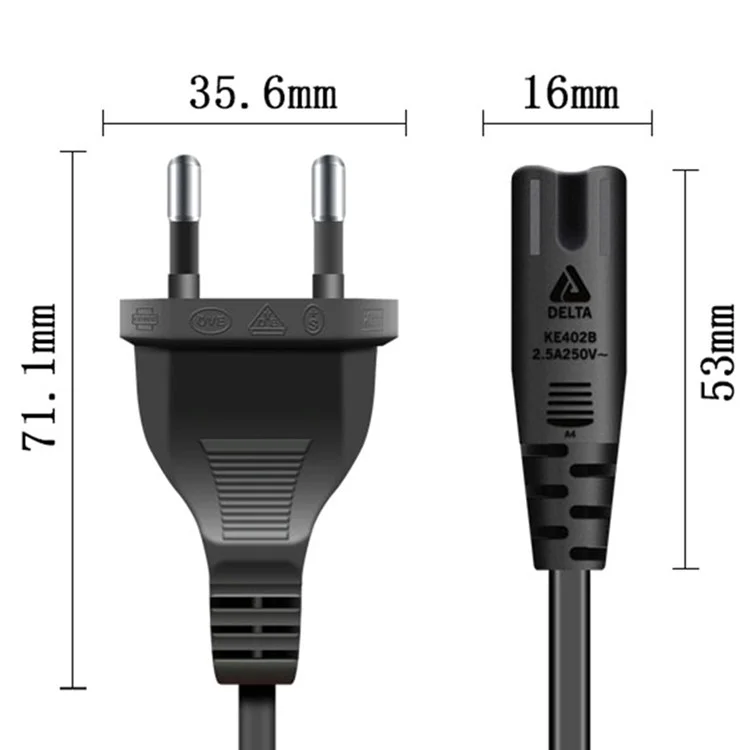 1m 2*0.75 SQMM 2 Prong 2-Pin Tail EU Plug Copper Power Socket Adapter Cable (VDE Certified)