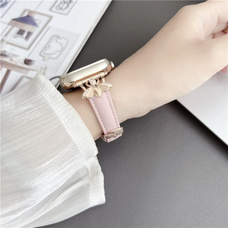 Pour Apple Watch Series 10 46mm / Ultra 2 Ultra 49mm / Series 9 8 7 45mm / 6 5 4 SE (2023) SE (2022) SE 44mm / 3 2 1 42mm Véritable Bracelet en Cuir de Vache Décoration Abeille - Rose