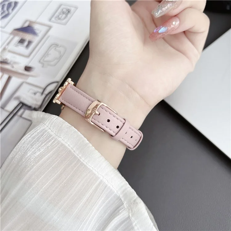 Pour Apple Watch Series 10 46mm / Ultra 2 Ultra 49mm / Series 9 8 7 45mm / 6 5 4 SE (2023) SE (2022) SE 44mm / 3 2 1 42mm Véritable Bracelet en Cuir de Vache Décoration Abeille - Rose