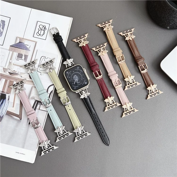 Pour Apple Watch Series 10 46mm / Ultra 2 Ultra 49mm / Series 9 8 7 45mm / 6 5 4 SE (2023) SE (2022) SE 44mm / 3 2 1 42mm Véritable Bracelet en Cuir de Vache Décoration Abeille - Rose